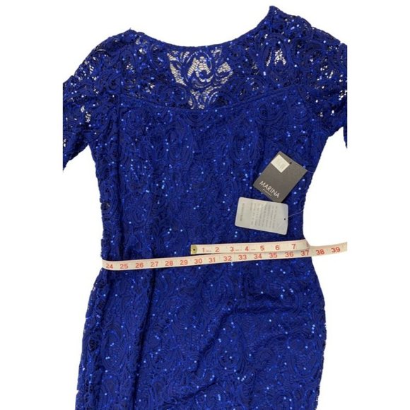 NWT Marina Women's Cobalt Blue Paisly Lace w/Sequins Formal Gown Size 10 - Picture 9 of 11
